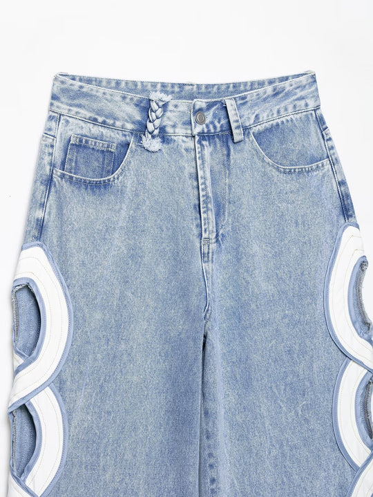 Damen High-Waist-Jeans mit ausgestellter Weitbein-Silhouette und seitlichen Kreis-Applikationen Nord Taschen