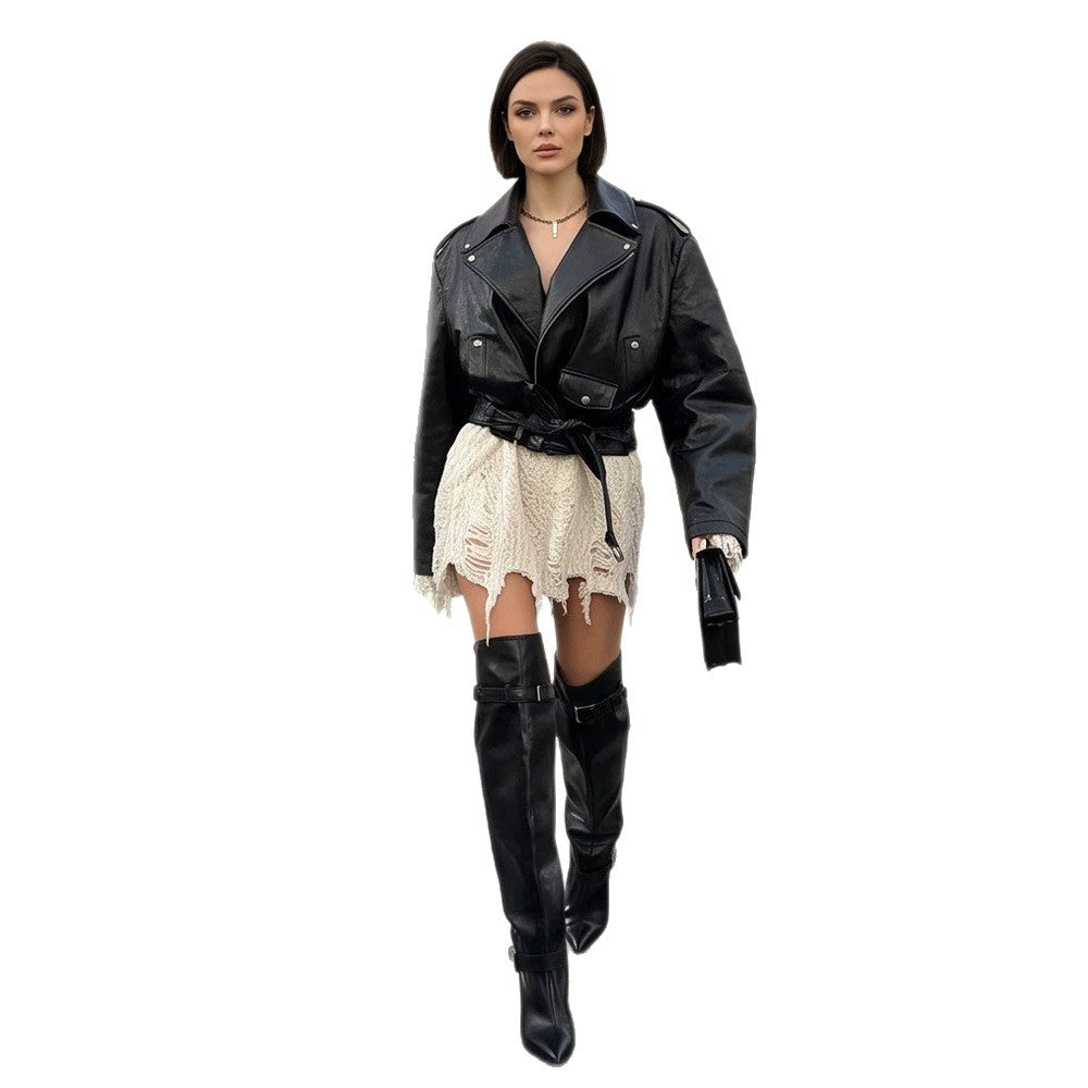 Damen Oversize-Bikerjacke aus veganem Lederimitat mit Taillengürtel & Schulterklappen Nord Taschen