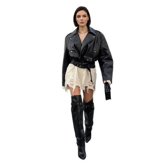 Damen Oversize-Bikerjacke aus veganem Lederimitat mit Taillengürtel & Schulterklappen Nord Taschen