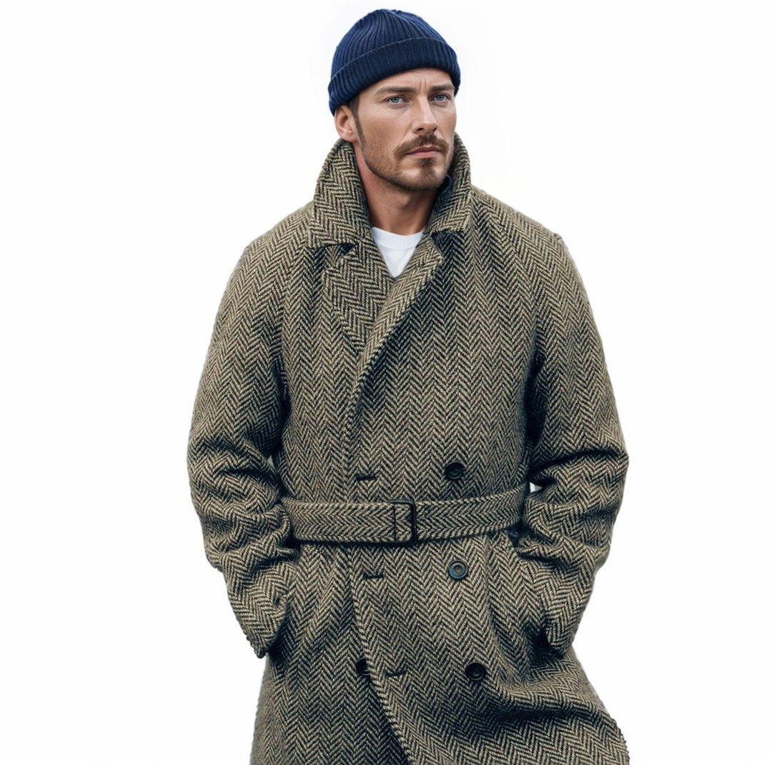 Herren Doppelreihiger Wollmix-Mantel mit Fischgrätstruktur und Taillengürtel Nord Taschen