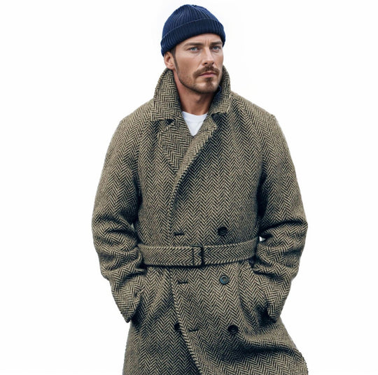 Herren Doppelreihiger Wollmix-Mantel mit Fischgrätstruktur und Taillengürtel Nord Taschen