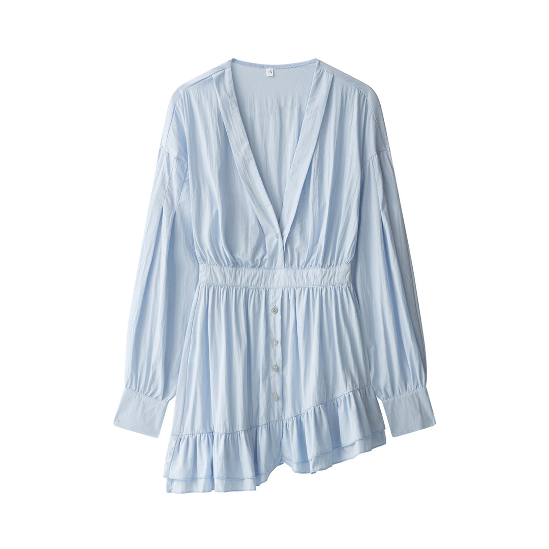 Damen Langes Tunika‑Kleid mit tiefem V‑Ausschnitt, tailliertem Riegel und Stufenvolant Nord Taschen