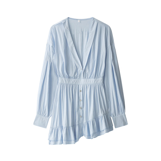 Damen Langes Tunika‑Kleid mit tiefem V‑Ausschnitt, tailliertem Riegel und Stufenvolant Nord Taschen