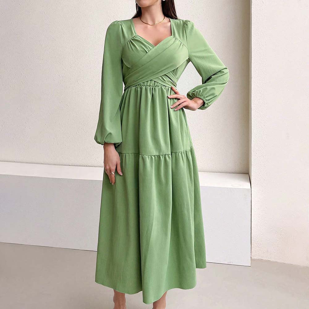 Damen langärmeliges Midikleid mit überkreuztem Drapé-Bustier, elastischer Unterbrustnaht und zweistufigem Stufenrock Nord Taschen