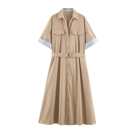 Damen Hemdblusen-Midikleid mit Taillengürtel und Umschlagärmeln Nord Taschen