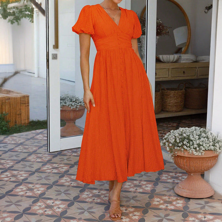 Damen Maxikleid mit V-Ausschnitt und luftigen Puffärmeln