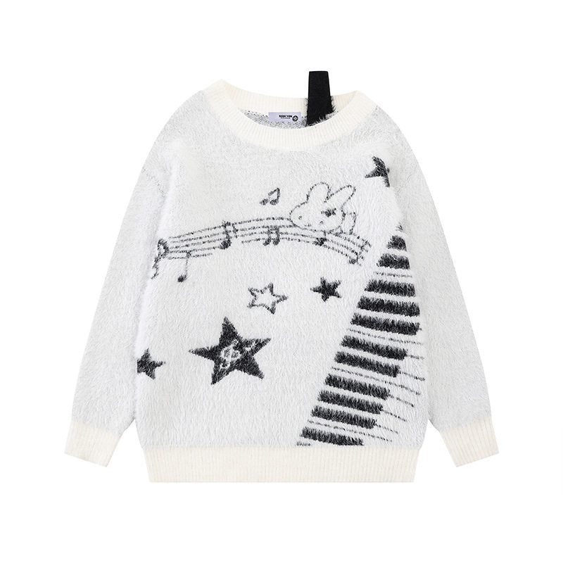 Damen Kuscheliger Strickpullover mit Cartoon-Noten- und Sternmotiv Nord Taschen