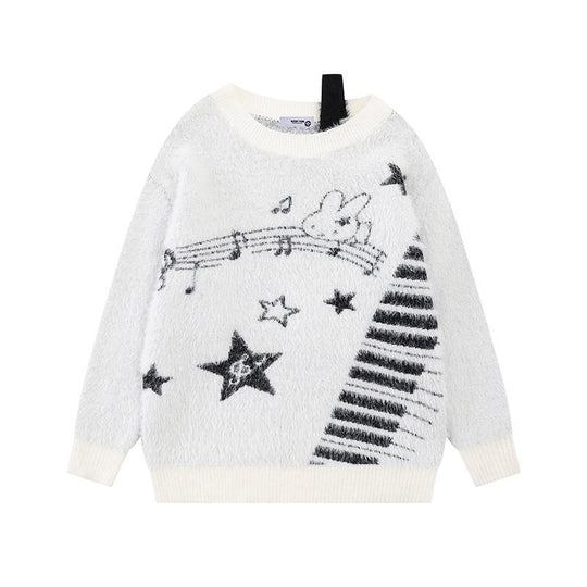 Damen Kuscheliger Strickpullover mit Cartoon-Noten- und Sternmotiv Nord Taschen