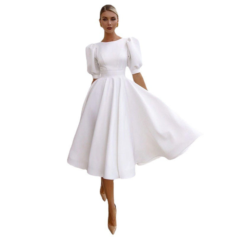 Damen A-Linie Kleid mit Puffärmeln und Taillierung