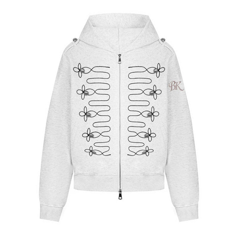 Damen Kapuzen‑Sweatjacke mit dekorischer Frogging‑Stickerei und Perlenknöpfen Nord Taschen
