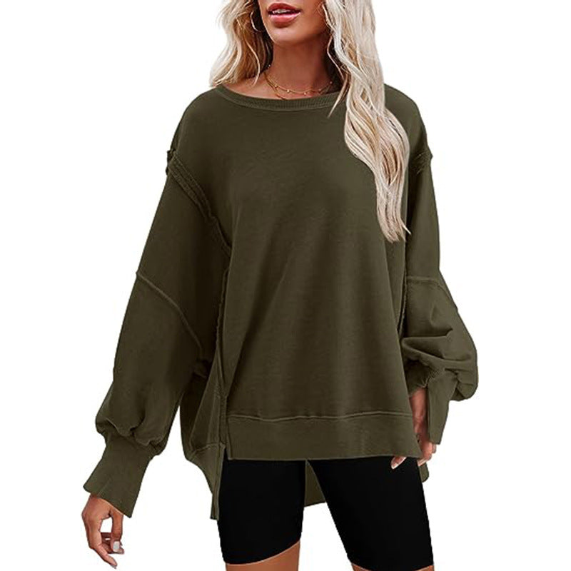 Damen Oversized Sweatshirt mit Ballonärmeln, seitlichen Schlitzen und offenen Kanten Nord Taschen