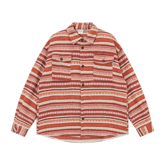 Unisex Oversize-Strickshirtjacke im Ethno‑Streifenmuster mit Pattentaschen Nord Taschen
