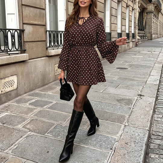 Damen Verspielt Polka-Dots Kleid mit Ribbon Ausschnitt Nord Taschen