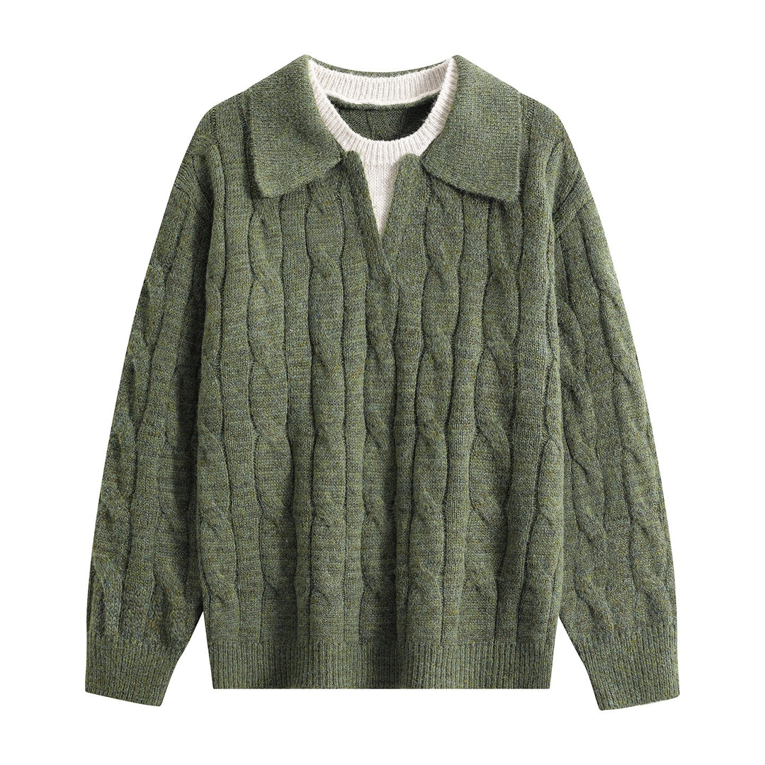 Damen Oversize Grobstrick-Pullover mit Polokragen und Zopfmuster Nord Taschen