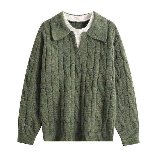 Damen Oversize Grobstrick-Pullover mit Polokragen und Zopfmuster Nord Taschen