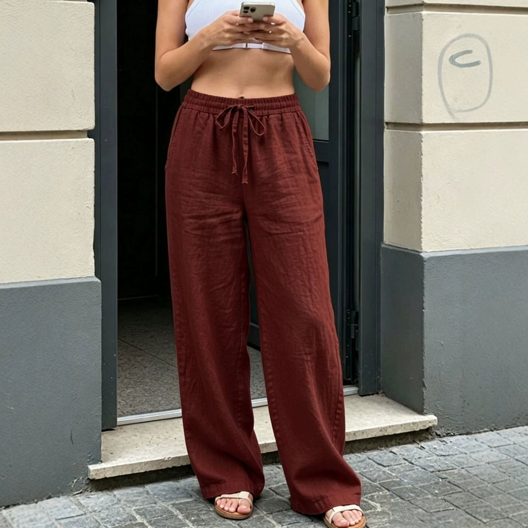 Damen Weite Leinenoptik-Hose mit Gummibund, Tunnelzug und Seitentaschen Nord Taschen