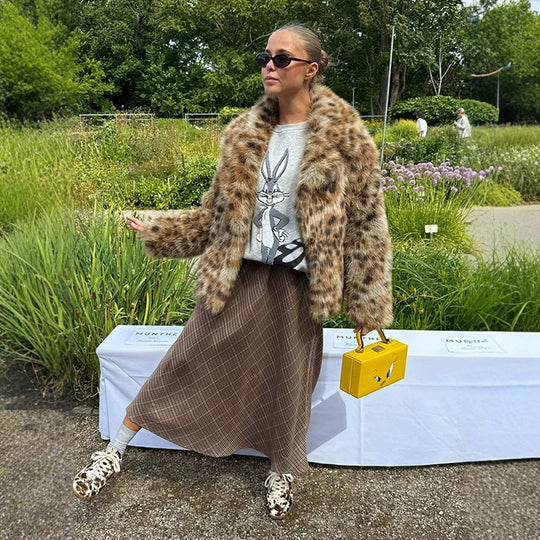 Damen Gefleckte Kurz-Kunstpelzjacke mit Boxy-Silhouette und voluminösem Flor Nord Taschen