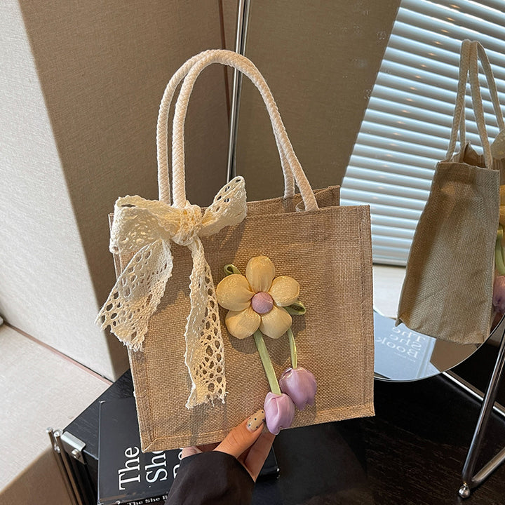 Damen Jute-Handtasche mit floralen Applikationen und dekorativem Schleifen-Design Nord Taschen