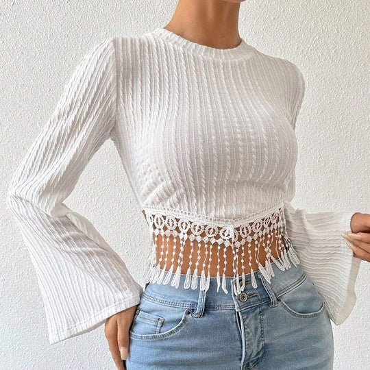 Damen gehäkeltes Spitzen-Crop-Top mit ausgestellten Trompetenärmeln und Häkelfransen Nord Taschen