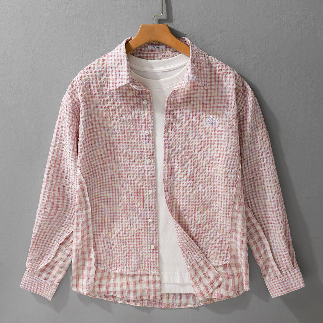 Damen Relaxed-Fit Crinkle-Hemdjacke mit feiner Gingham‑Webstruktur und dezenter Bruststickerei Nord Taschen