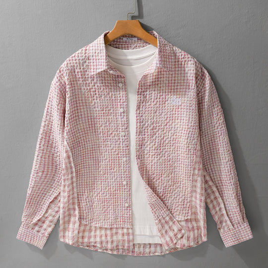 Damen Relaxed-Fit Crinkle-Hemdjacke mit feiner Gingham‑Webstruktur und dezenter Bruststickerei Nord Taschen