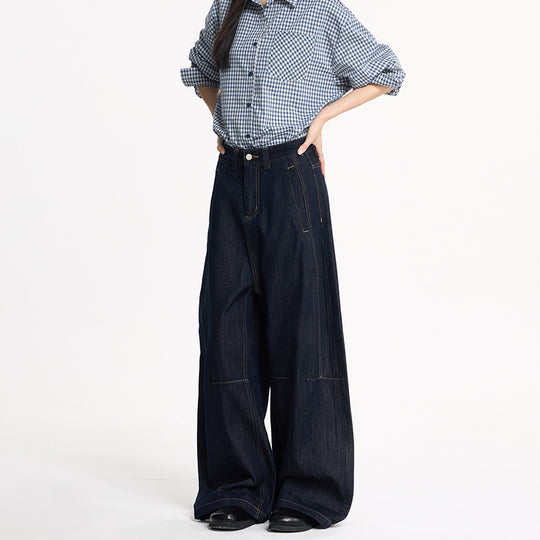 Damen Extraweite High‑Waist Denim‑Hose mit bodenlangem weitem Bein Nord Taschen