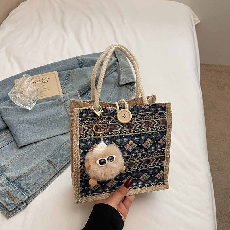 Damen Jute-Tragetasche mit dekorativem Ethno-Muster Nord Taschen