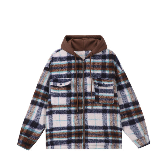 Unisex Kurz geschnittener kariertes Fellimitat-Blouson mit Kapuze und Reißverschluss Nord Taschen