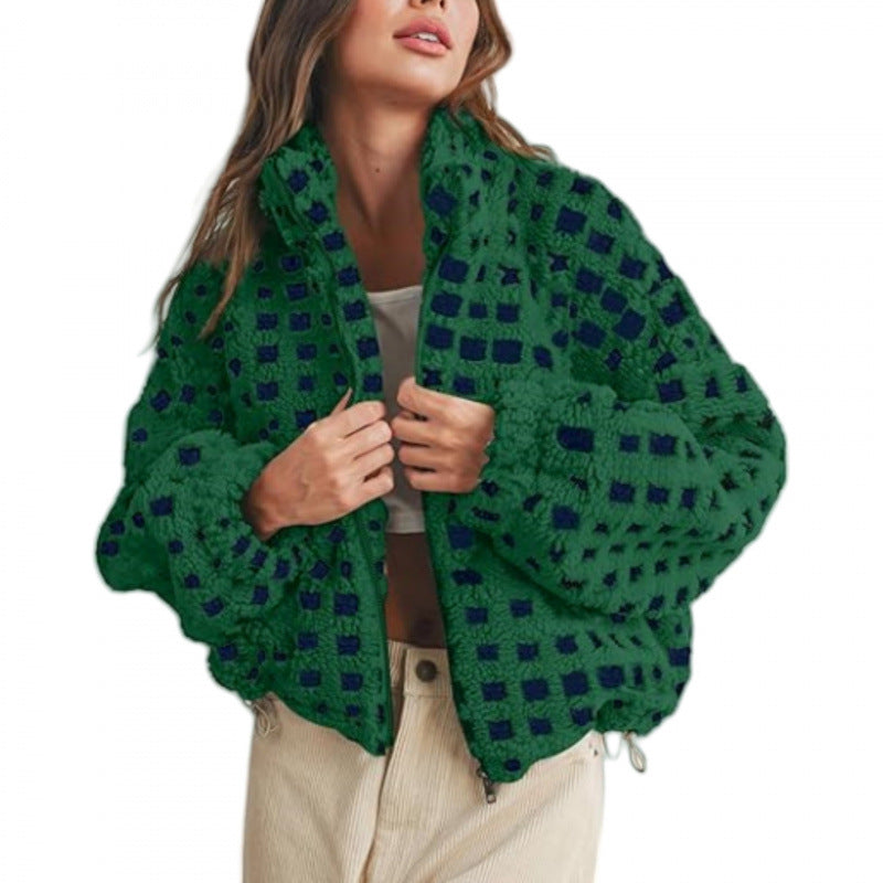Damen Kurz geschnittene Sherpa Fleecejacke mit geometrischem Muster und Kordelzug Nord Taschen