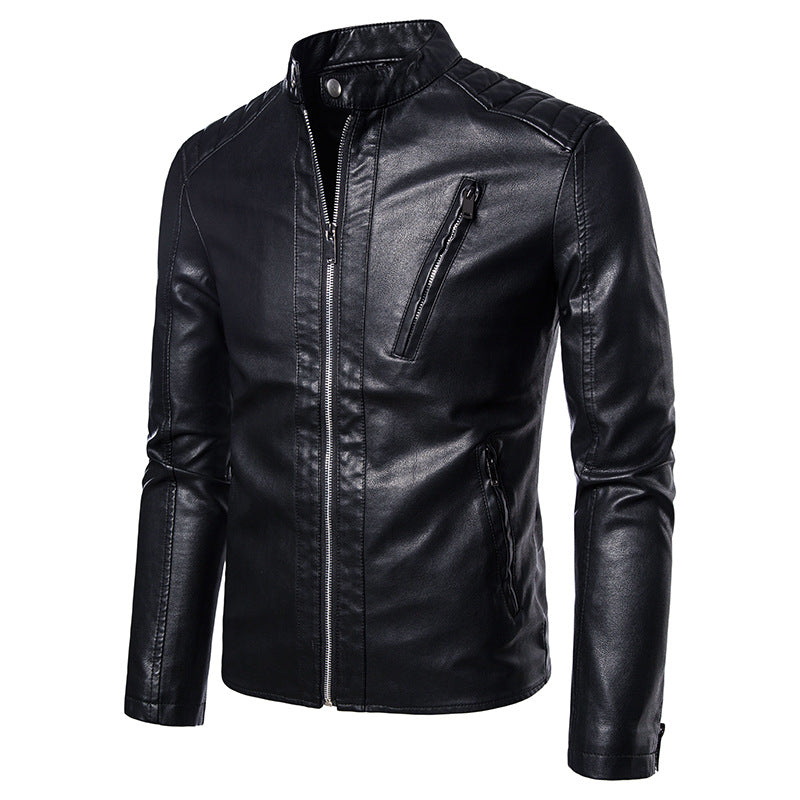 Herren Schlanke Kunstleder-Bikerjacke mit Stehkragen, Steppeinsätzen und Reißverschlusstaschen Nord Taschen