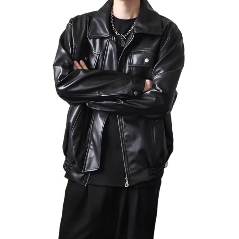 Herren Kurz geschnittene Oversized Kunstleder-Utility-Jacke mit Brustklappen und durchgehendem Reißverschluss Nord Taschen