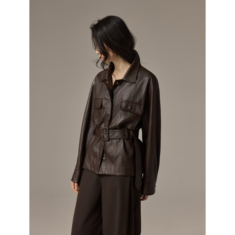 Damen Hemdjacke aus Lederoptik mit tailliertem Gürtel Nord Taschen