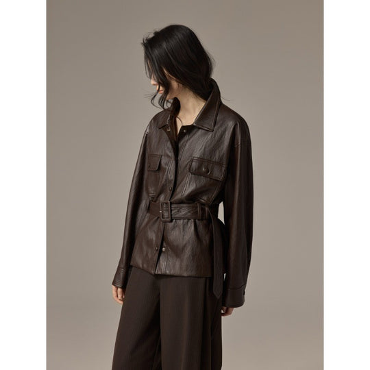 Damen Hemdjacke aus Lederoptik mit tailliertem Gürtel Nord Taschen