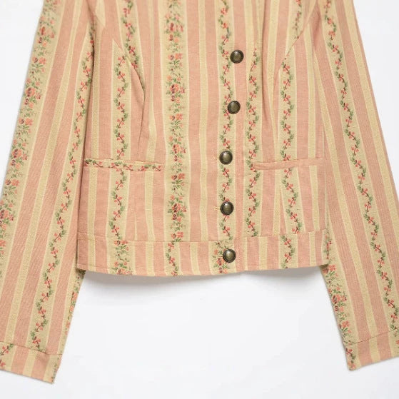 Damen Kurzjacke im Vintage-Streifen- und Blumenmuster mit Stehkragen und dekorativer Knopfleiste Nord Taschen