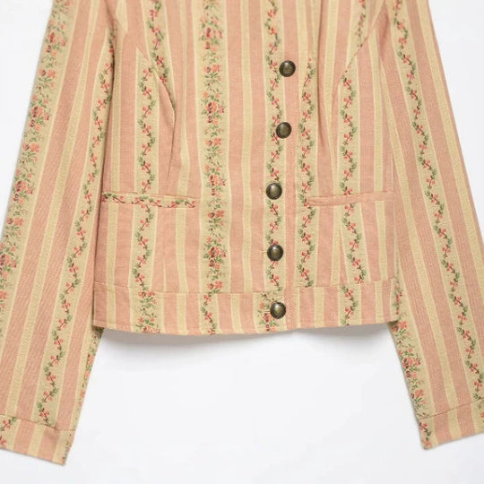 Damen Kurzjacke im Vintage-Streifen- und Blumenmuster mit Stehkragen und dekorativer Knopfleiste Nord Taschen