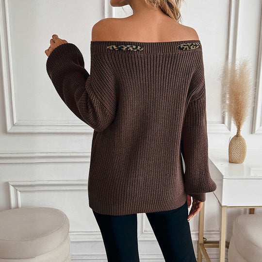 Damen Oversize Off-Shoulder Strickpullover mit befestigter Leopard-Schalschleife und Ballonärmeln Nord Taschen