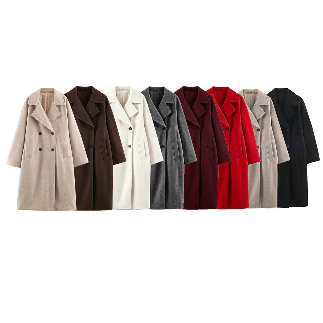 Damen Midilanger Wollmix-Doppelreihenmantel mit weitem Revers und Eingrifftaschen Nord Taschen