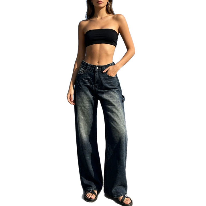 Damen weite High‑Waist Carpenter-Denimhose mit Utility-Seitentasche und ausgestelltem Bein Nord Taschen