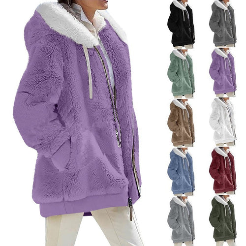 Damen Kuschelige Teddy-Kapuzenjacke mit Kontrastbesatz, Reißverschluss und Eingrifftaschen Nord Taschen