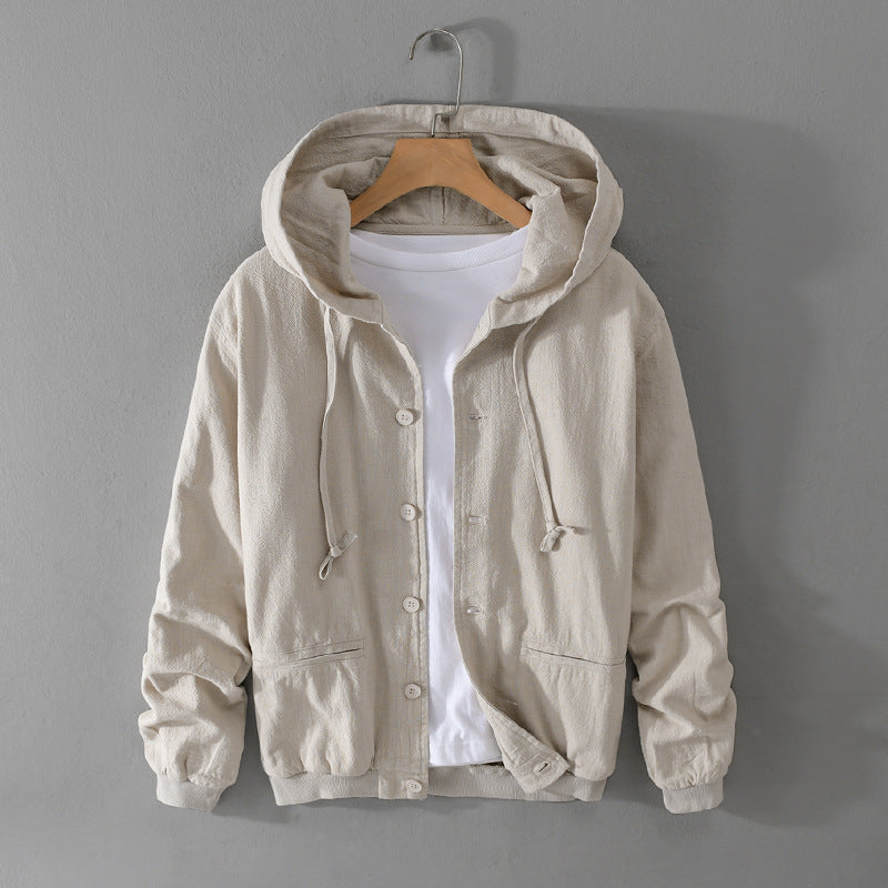 Herren Leichte Leinen-Hoodiejacke mit Knopfleiste und Kordelzug Nord Taschen