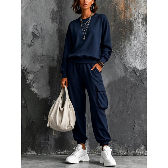Damen Lässiges Cargo-Jogginganzug-Set mit Oversize-Sweatshirt und Cargohose Nord Taschen