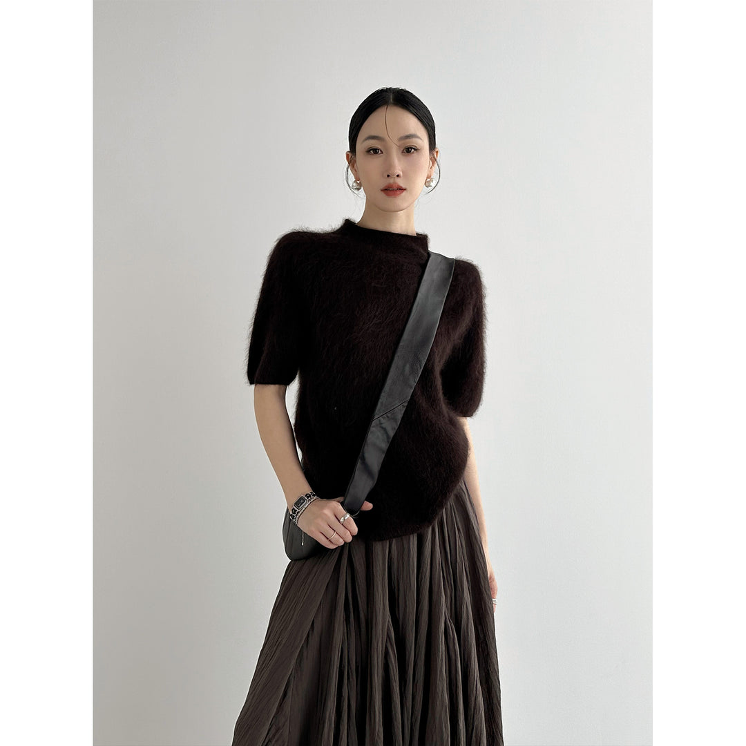 Damen Kuscheliger Mohair-Mix Kurzarm-Pullover mit Stehkragen Nord Taschen