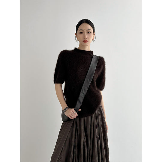 Damen Kuscheliger Mohair-Mix Kurzarm-Pullover mit Stehkragen Nord Taschen