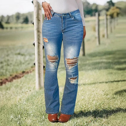 Damen Bootcut-Jeans mit Knie-Rissen aus Stretch-Denim und mittelhoher Taille Nord Taschen