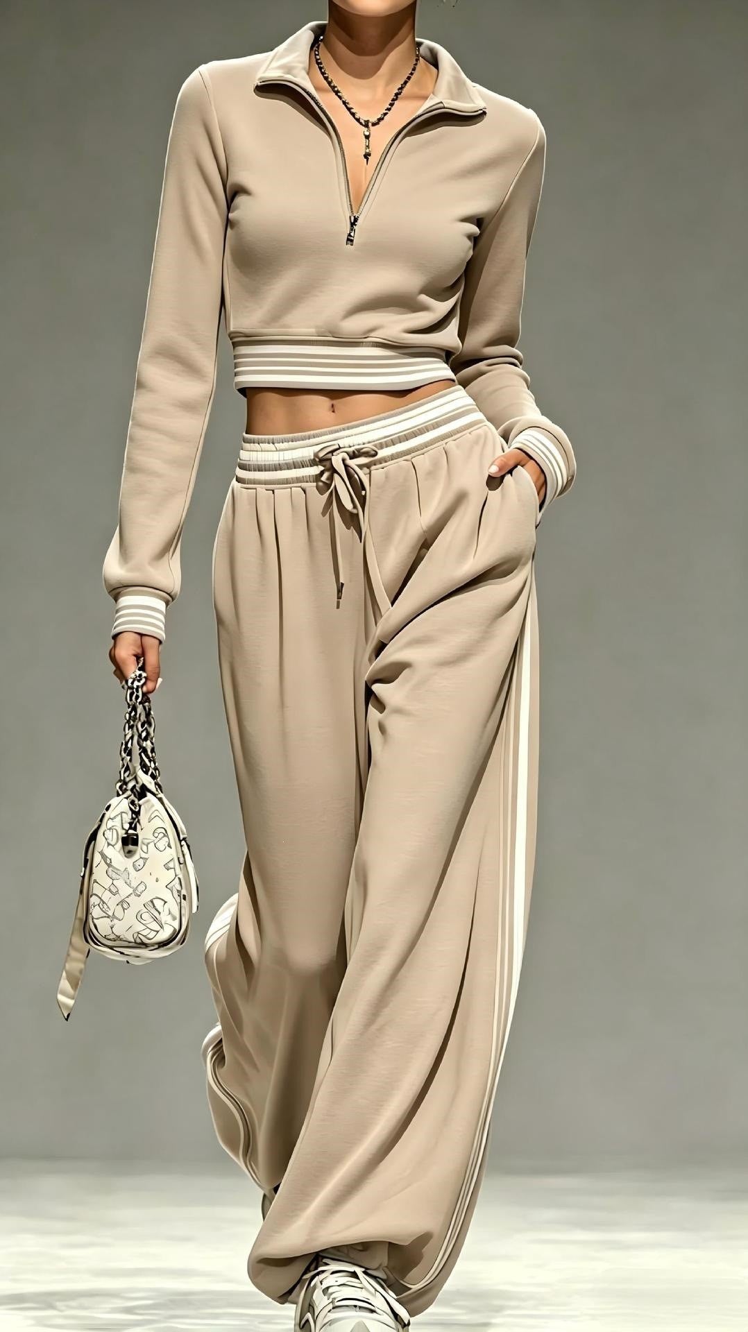Damen Cropped-Trainingsset mit halbem Reißverschlusskragen und weitem Bundfalten-Jogger Nord Taschen