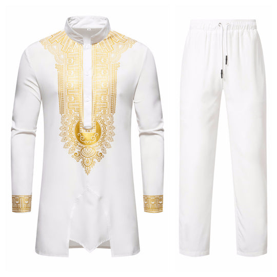 Herren Traditionelles Tunika-Set mit Stehkragen und goldfarbenem Ornamentdruck, Longshirt & Tunnelzughose Nord Taschen
