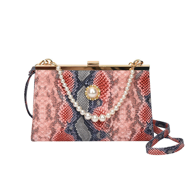 Damen elegante Abendtasche im Schlangenleder-Look mit Perlenakzent Nord Taschen