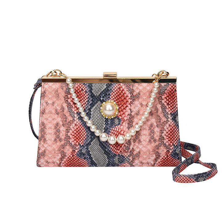 Damen elegante Abendtasche im Schlangenleder-Look mit Perlenakzent Nord Taschen