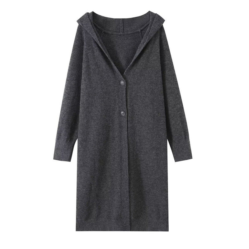 Damen Langer Kapuzen-Cardigan aus Feinstrick mit Knopfleiste und Rippbündchen Nord Taschen