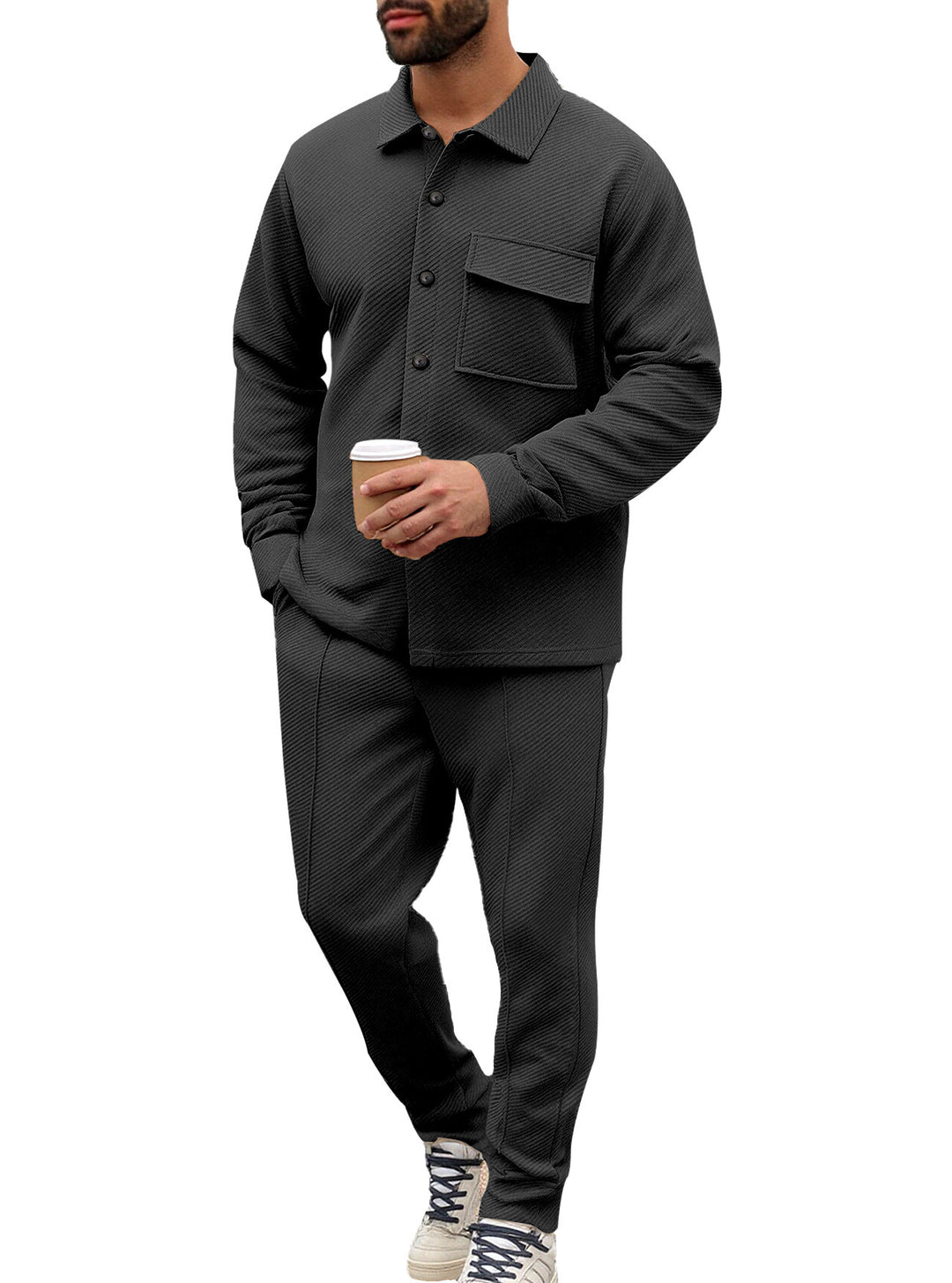 Herren Komfort-Zweiteiler Waffelstruktur-Hemdjacke mit Pattentasche und Relax-Bundhose Nord Taschen